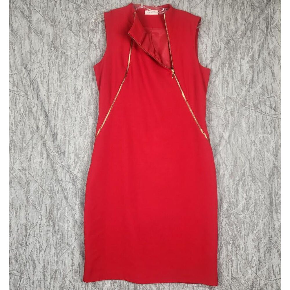 Calvin Klein Women's Fully Lined Red Dress with Gold Zippers Size 8 Classic Glam